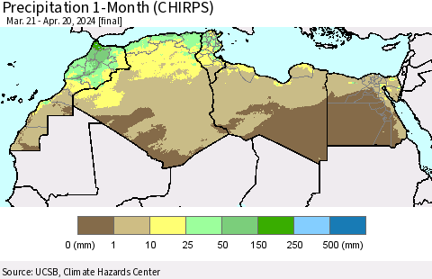 North Africa Precipitation 1-Month (CHIRPS) Thematic Map For 3/21/2024 - 4/20/2024