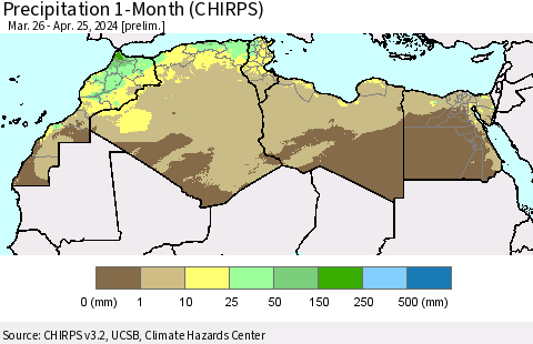 North Africa Precipitation 1-Month (CHIRPS) Thematic Map For 3/26/2024 - 4/25/2024