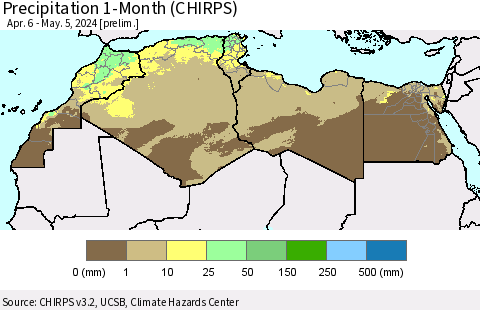 North Africa Precipitation 1-Month (CHIRPS) Thematic Map For 4/6/2024 - 5/5/2024