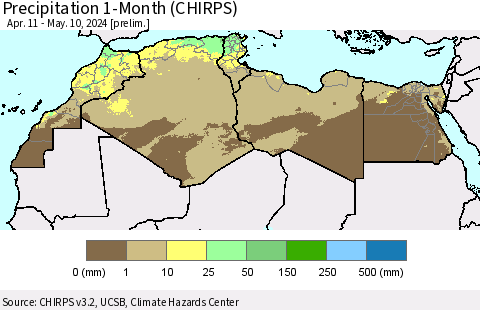 North Africa Precipitation 1-Month (CHIRPS) Thematic Map For 4/11/2024 - 5/10/2024