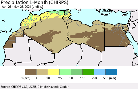 North Africa Precipitation 1-Month (CHIRPS) Thematic Map For 4/26/2024 - 5/25/2024