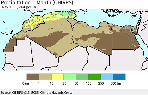 North Africa Precipitation 1-Month (CHIRPS) Thematic Map For 5/1/2024 - 5/31/2024