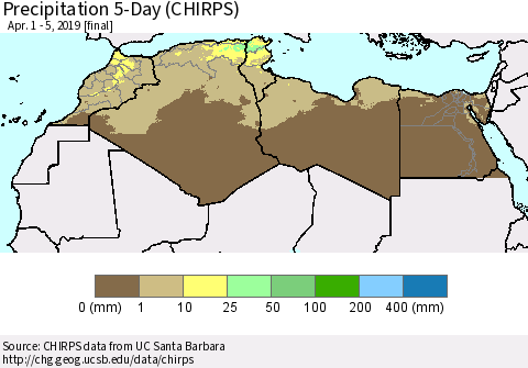 North Africa Precipitation 5-Day (CHIRPS) Thematic Map For 4/1/2019 - 4/5/2019
