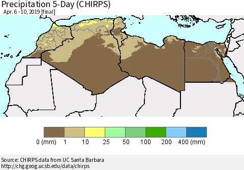 North Africa Precipitation 5-Day (CHIRPS) Thematic Map For 4/6/2019 - 4/10/2019