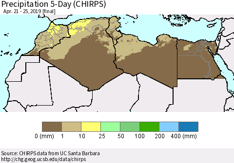 North Africa Precipitation 5-Day (CHIRPS) Thematic Map For 4/21/2019 - 4/25/2019