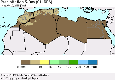 North Africa Precipitation 5-Day (CHIRPS) Thematic Map For 5/6/2019 - 5/10/2019