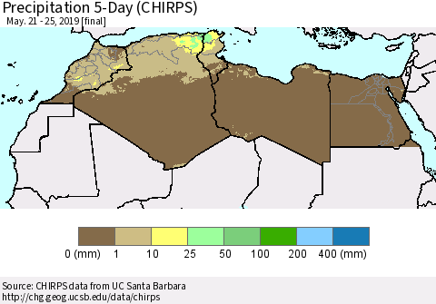 North Africa Precipitation 5-Day (CHIRPS) Thematic Map For 5/21/2019 - 5/25/2019