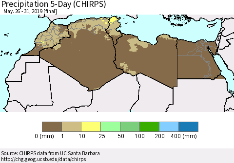 North Africa Precipitation 5-Day (CHIRPS) Thematic Map For 5/26/2019 - 5/31/2019