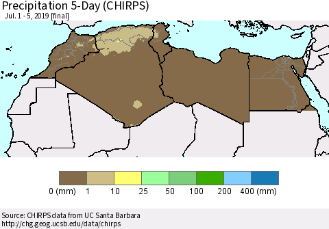 North Africa Precipitation 5-Day (CHIRPS) Thematic Map For 7/1/2019 - 7/5/2019