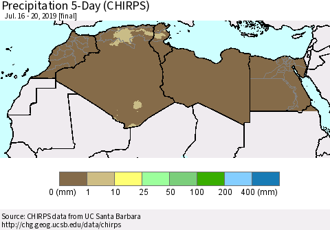 North Africa Precipitation 5-Day (CHIRPS) Thematic Map For 7/16/2019 - 7/20/2019