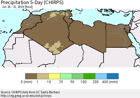 North Africa Precipitation 5-Day (CHIRPS) Thematic Map For 7/26/2019 - 7/31/2019