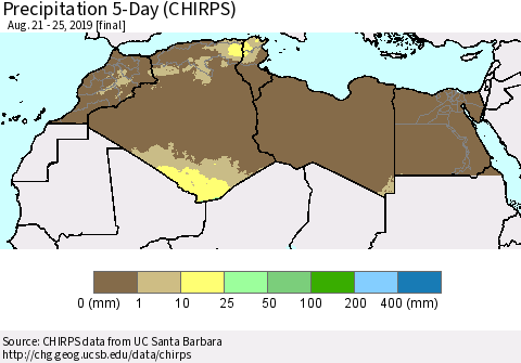 North Africa Precipitation 5-Day (CHIRPS) Thematic Map For 8/21/2019 - 8/25/2019
