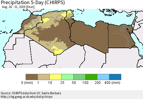 North Africa Precipitation 5-Day (CHIRPS) Thematic Map For 8/26/2019 - 8/31/2019
