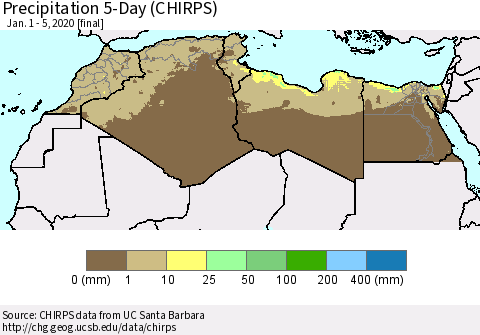 North Africa Precipitation 5-Day (CHIRPS) Thematic Map For 1/1/2020 - 1/5/2020