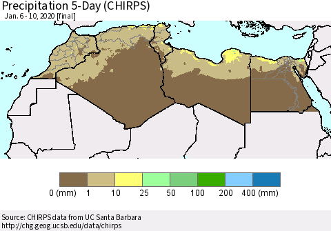 North Africa Precipitation 5-Day (CHIRPS) Thematic Map For 1/6/2020 - 1/10/2020
