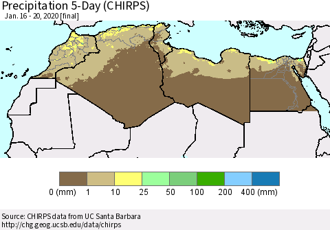 North Africa Precipitation 5-Day (CHIRPS) Thematic Map For 1/16/2020 - 1/20/2020