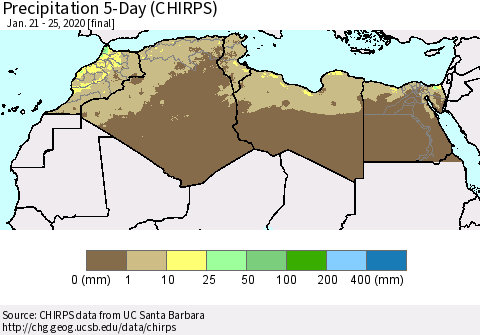 North Africa Precipitation 5-Day (CHIRPS) Thematic Map For 1/21/2020 - 1/25/2020