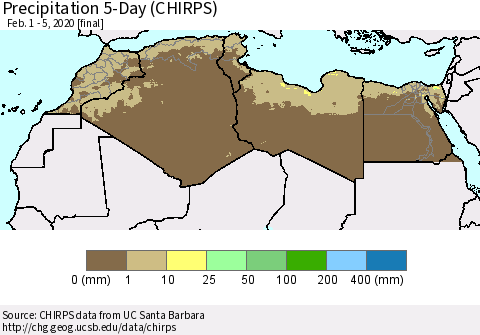 North Africa Precipitation 5-Day (CHIRPS) Thematic Map For 2/1/2020 - 2/5/2020