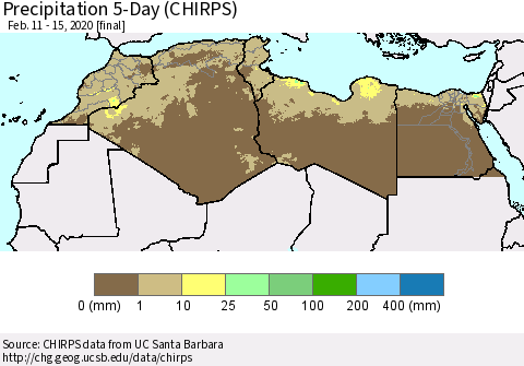 North Africa Precipitation 5-Day (CHIRPS) Thematic Map For 2/11/2020 - 2/15/2020