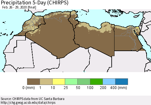 North Africa Precipitation 5-Day (CHIRPS) Thematic Map For 2/26/2020 - 2/29/2020