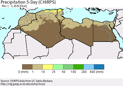 North Africa Precipitation 5-Day (CHIRPS) Thematic Map For 3/1/2020 - 3/5/2020