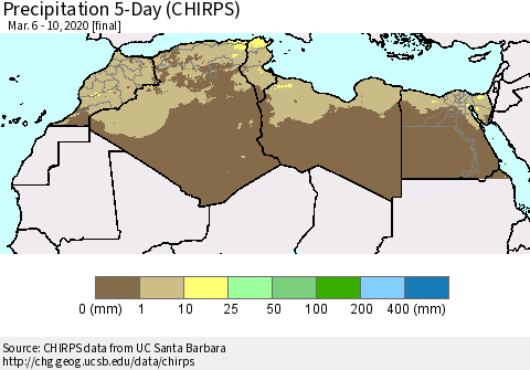North Africa Precipitation 5-Day (CHIRPS) Thematic Map For 3/6/2020 - 3/10/2020