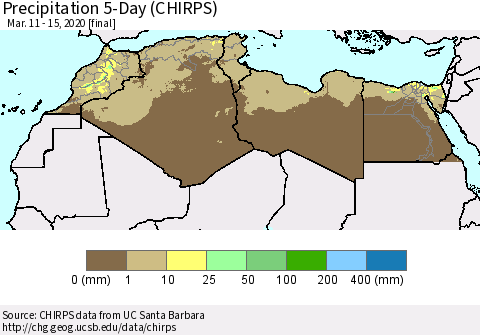 North Africa Precipitation 5-Day (CHIRPS) Thematic Map For 3/11/2020 - 3/15/2020