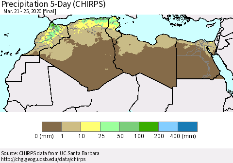 North Africa Precipitation 5-Day (CHIRPS) Thematic Map For 3/21/2020 - 3/25/2020