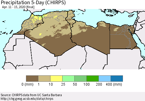 North Africa Precipitation 5-Day (CHIRPS) Thematic Map For 4/11/2020 - 4/15/2020