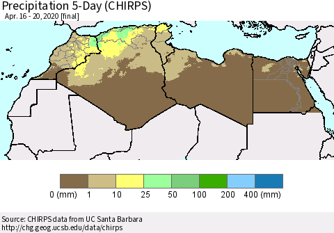 North Africa Precipitation 5-Day (CHIRPS) Thematic Map For 4/16/2020 - 4/20/2020