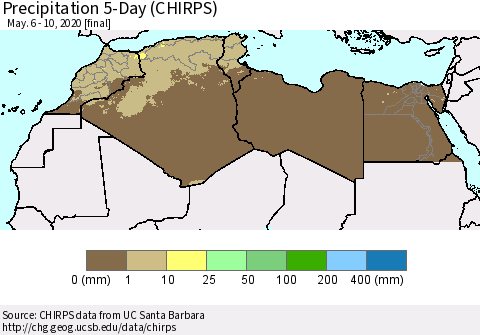 North Africa Precipitation 5-Day (CHIRPS) Thematic Map For 5/6/2020 - 5/10/2020