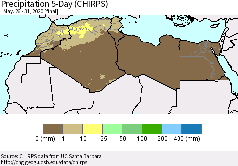 North Africa Precipitation 5-Day (CHIRPS) Thematic Map For 5/26/2020 - 5/31/2020