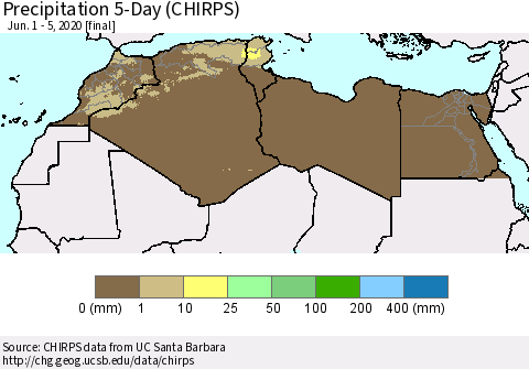 North Africa Precipitation 5-Day (CHIRPS) Thematic Map For 6/1/2020 - 6/5/2020