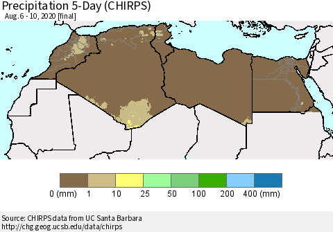 North Africa Precipitation 5-Day (CHIRPS) Thematic Map For 8/6/2020 - 8/10/2020