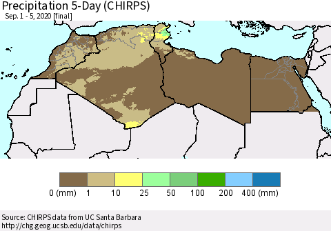 North Africa Precipitation 5-Day (CHIRPS) Thematic Map For 9/1/2020 - 9/5/2020
