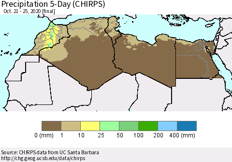 North Africa Precipitation 5-Day (CHIRPS) Thematic Map For 10/21/2020 - 10/25/2020