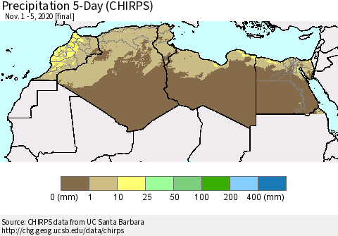 North Africa Precipitation 5-Day (CHIRPS) Thematic Map For 11/1/2020 - 11/5/2020