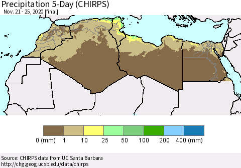 North Africa Precipitation 5-Day (CHIRPS) Thematic Map For 11/21/2020 - 11/25/2020