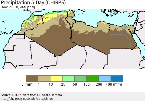 North Africa Precipitation 5-Day (CHIRPS) Thematic Map For 11/26/2020 - 11/30/2020