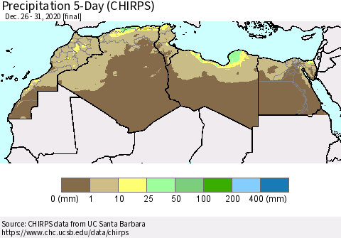 North Africa Precipitation 5-Day (CHIRPS) Thematic Map For 12/26/2020 - 12/31/2020