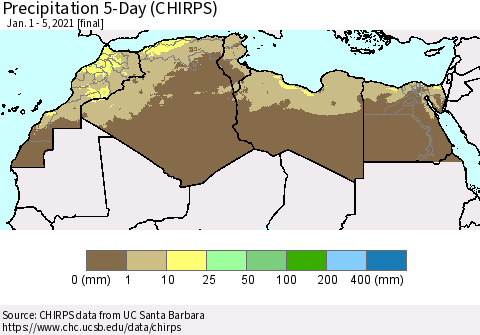 North Africa Precipitation 5-Day (CHIRPS) Thematic Map For 1/1/2021 - 1/5/2021