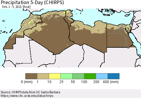 North Africa Precipitation 5-Day (CHIRPS) Thematic Map For 2/1/2021 - 2/5/2021