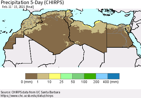 North Africa Precipitation 5-Day (CHIRPS) Thematic Map For 2/11/2021 - 2/15/2021