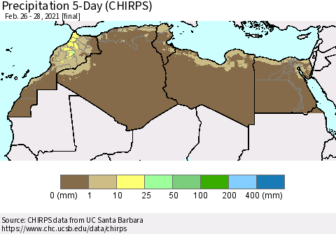 North Africa Precipitation 5-Day (CHIRPS) Thematic Map For 2/26/2021 - 2/28/2021