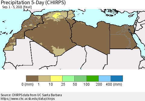 North Africa Precipitation 5-Day (CHIRPS) Thematic Map For 9/1/2021 - 9/5/2021