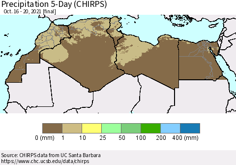 North Africa Precipitation 5-Day (CHIRPS) Thematic Map For 10/16/2021 - 10/20/2021