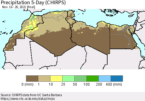 North Africa Precipitation 5-Day (CHIRPS) Thematic Map For 11/16/2021 - 11/20/2021