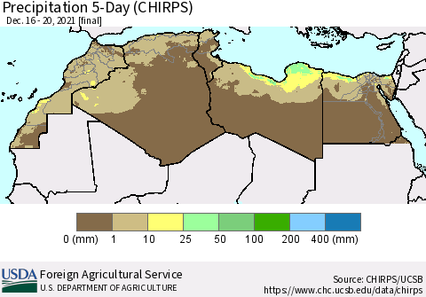 North Africa Precipitation 5-Day (CHIRPS) Thematic Map For 12/16/2021 - 12/20/2021