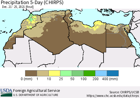 North Africa Precipitation 5-Day (CHIRPS) Thematic Map For 12/21/2021 - 12/25/2021
