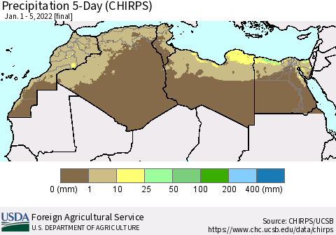 North Africa Precipitation 5-Day (CHIRPS) Thematic Map For 1/1/2022 - 1/5/2022